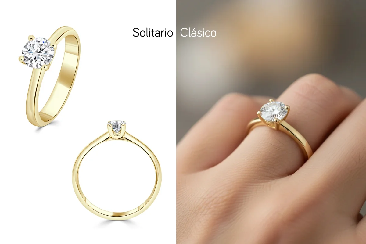 vistas diferentes del anillo de compromiso clasico en oro amarillo del modelo Nidia de joyería marga mira
